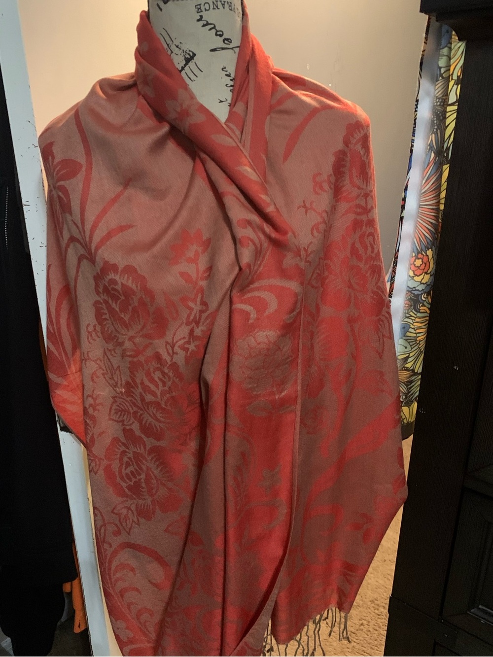 pashmina Coral and Beige Floral Viscose Scarf